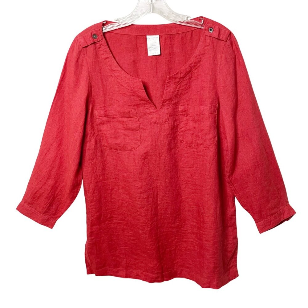 Lands' End 100% Linen Red Pink Pullover Top Women's Size 10 V-Neck 3/4 Sleeve